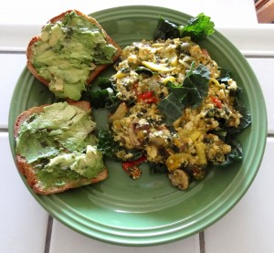Scrambled Tofu with  Vegg, veggies, and toast.  Adding a little Vegg gives the tofu scramble a nice hint of yolk taste, but adding more and using tofu with less moisture creates a VERY convincing vegan egg scramble!  Versatile depending on your personal taste preferences.